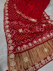 Gaji Silk Original Bandhani Gota Pati Hand Work Saree