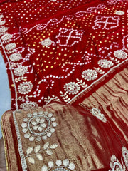 Gaji Silk Original Bandhani Gota Pati Hand Work Saree