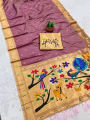 Paithani Silk Saree with Peacock Parrot Deer Meenakari Pallu