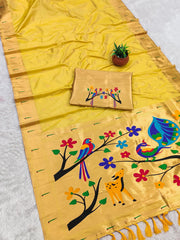 Paithani Silk Saree with Peacock Parrot Deer Meenakari Pallu