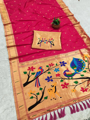 Paithani Silk Saree with Peacock Parrot Deer Meenakari Pallu