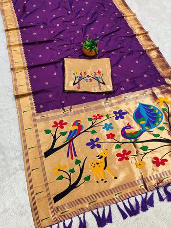 Paithani Silk Saree with Peacock Parrot Deer Meenakari Pallu