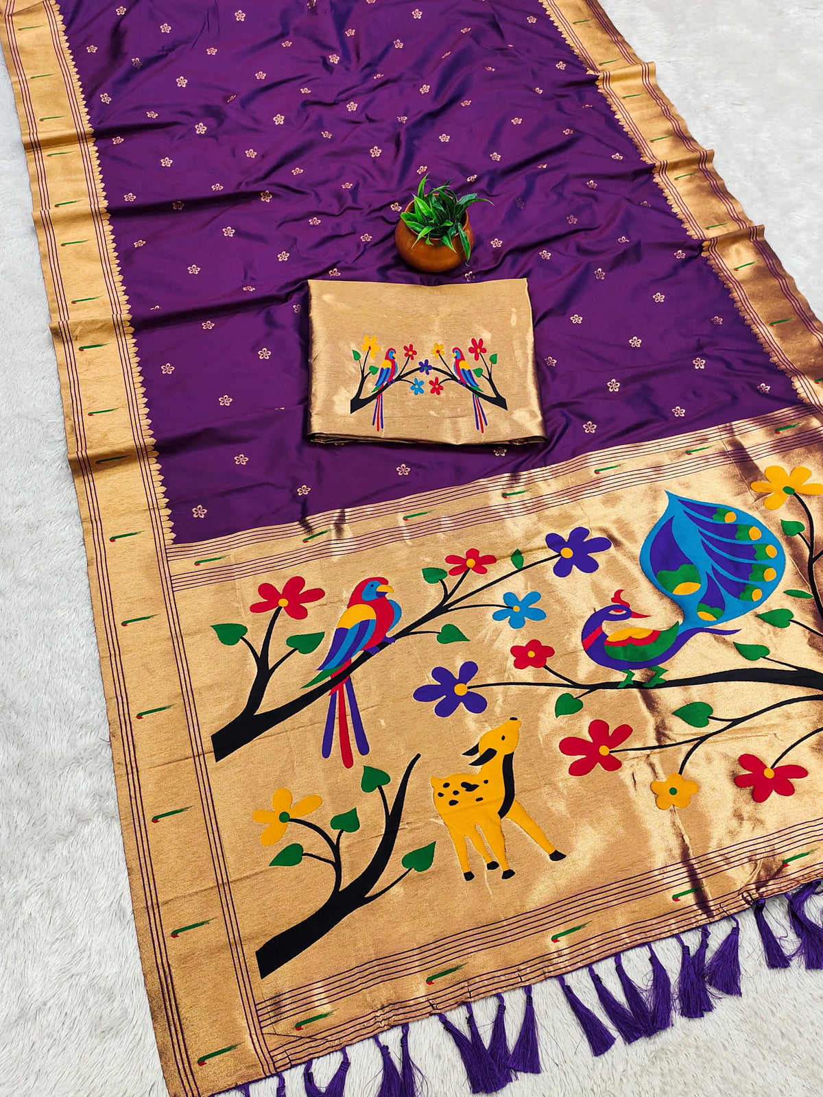 Paithani Silk Saree with Peacock Parrot Deer Meenakari Pallu