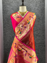 Banarsai Peacock & Parrot Weaving Paithani Saree