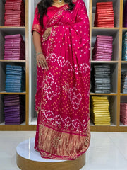 Gaji Silk Original Bandhani Gota Pati Hand Work Saree