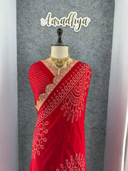 Pure Modal Silk Ajrakh Bandhani Saree with Lagadi Patta