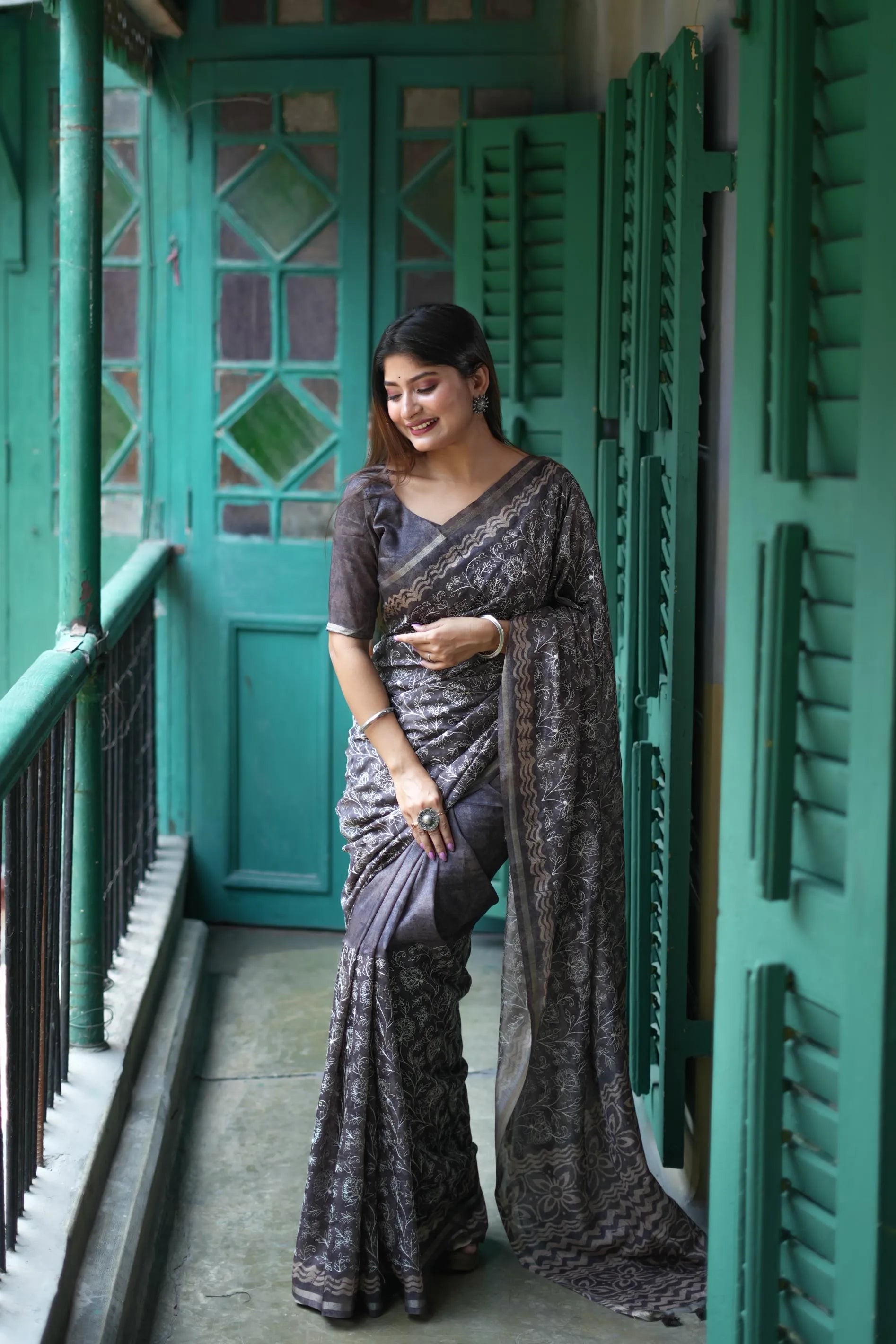 Tussar Silk Batik Printed Embroidery Work Saree