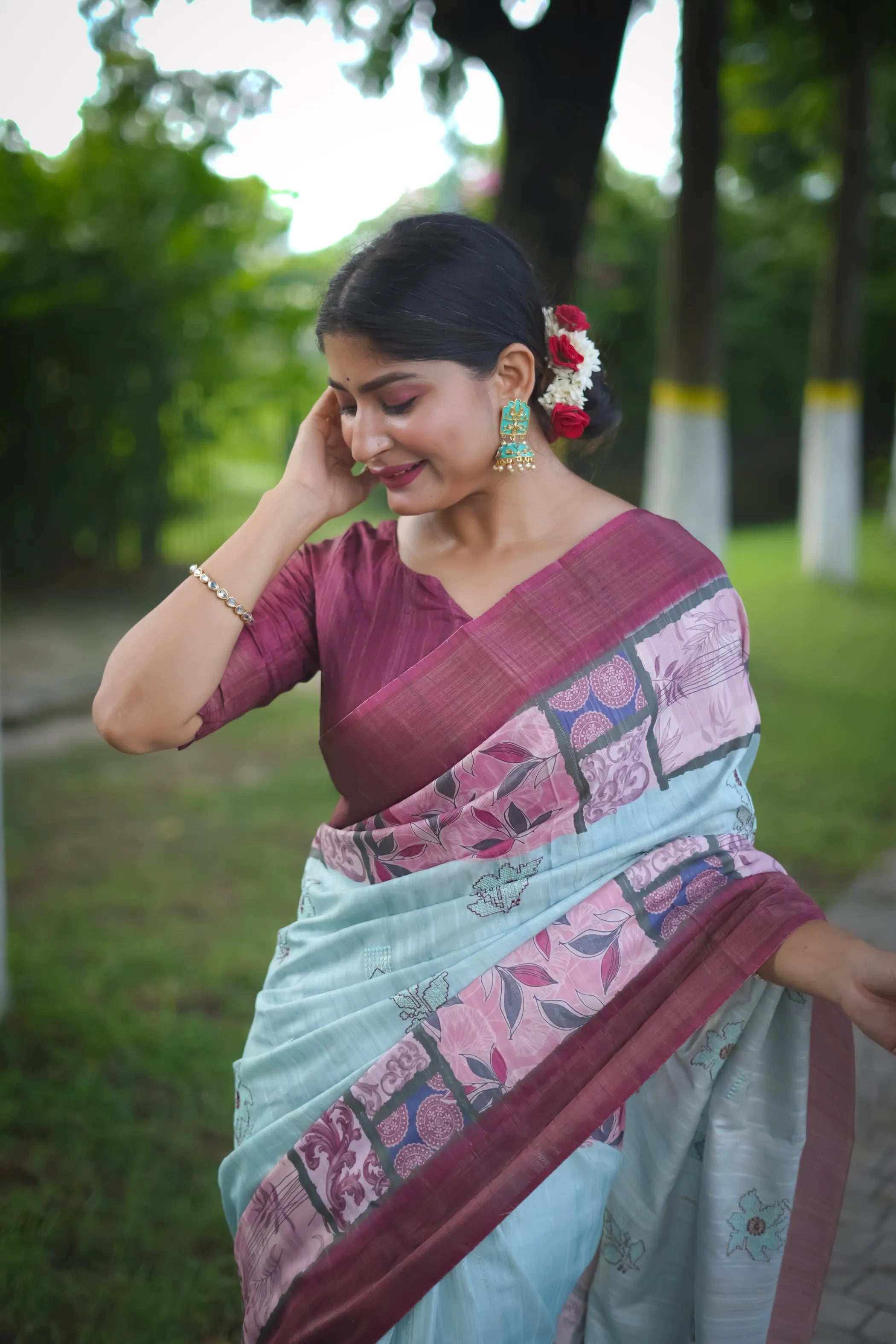 Soft Tussar Silk Embroidery Flower Work Saree