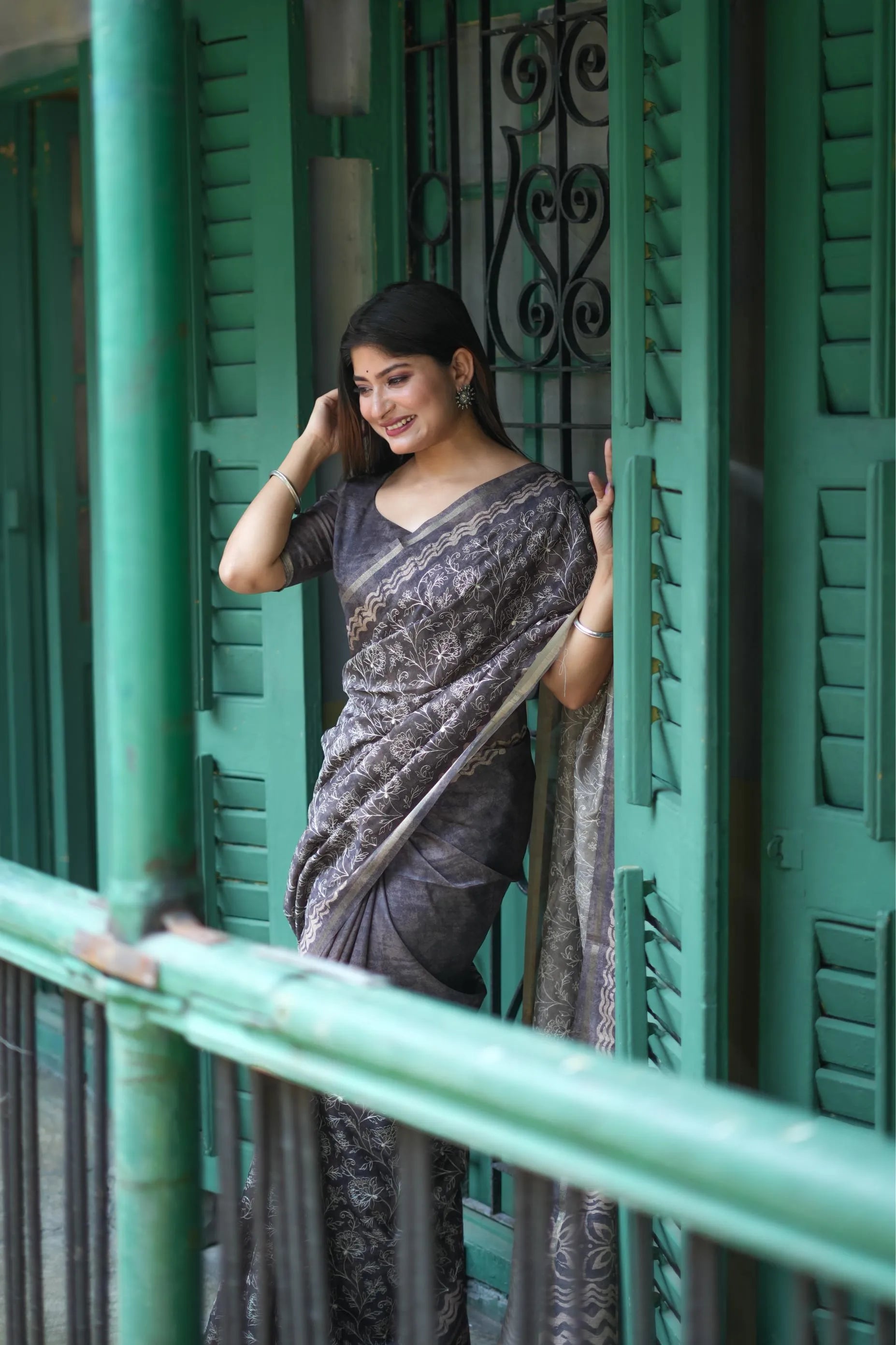 Tussar Silk Batik Printed Embroidery Work Saree