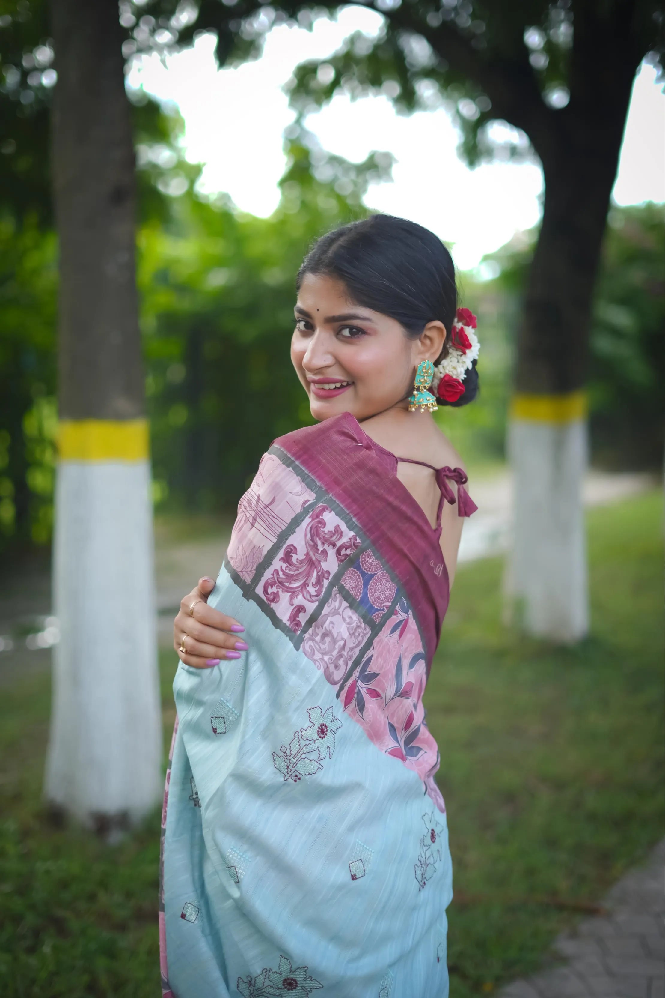 Soft Tussar Silk Embroidery Flower Work Saree