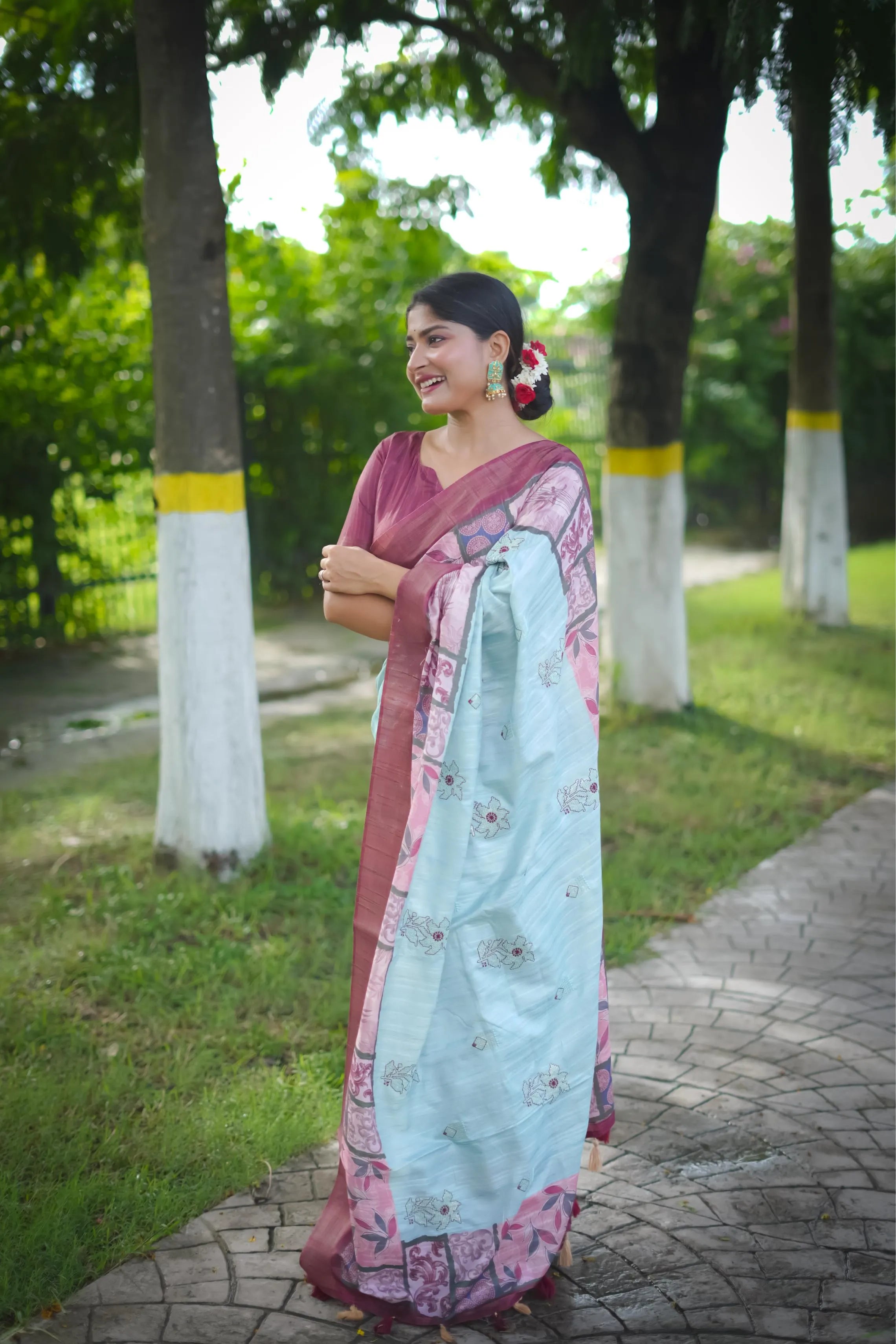 Soft Tussar Silk Embroidery Flower Work Saree