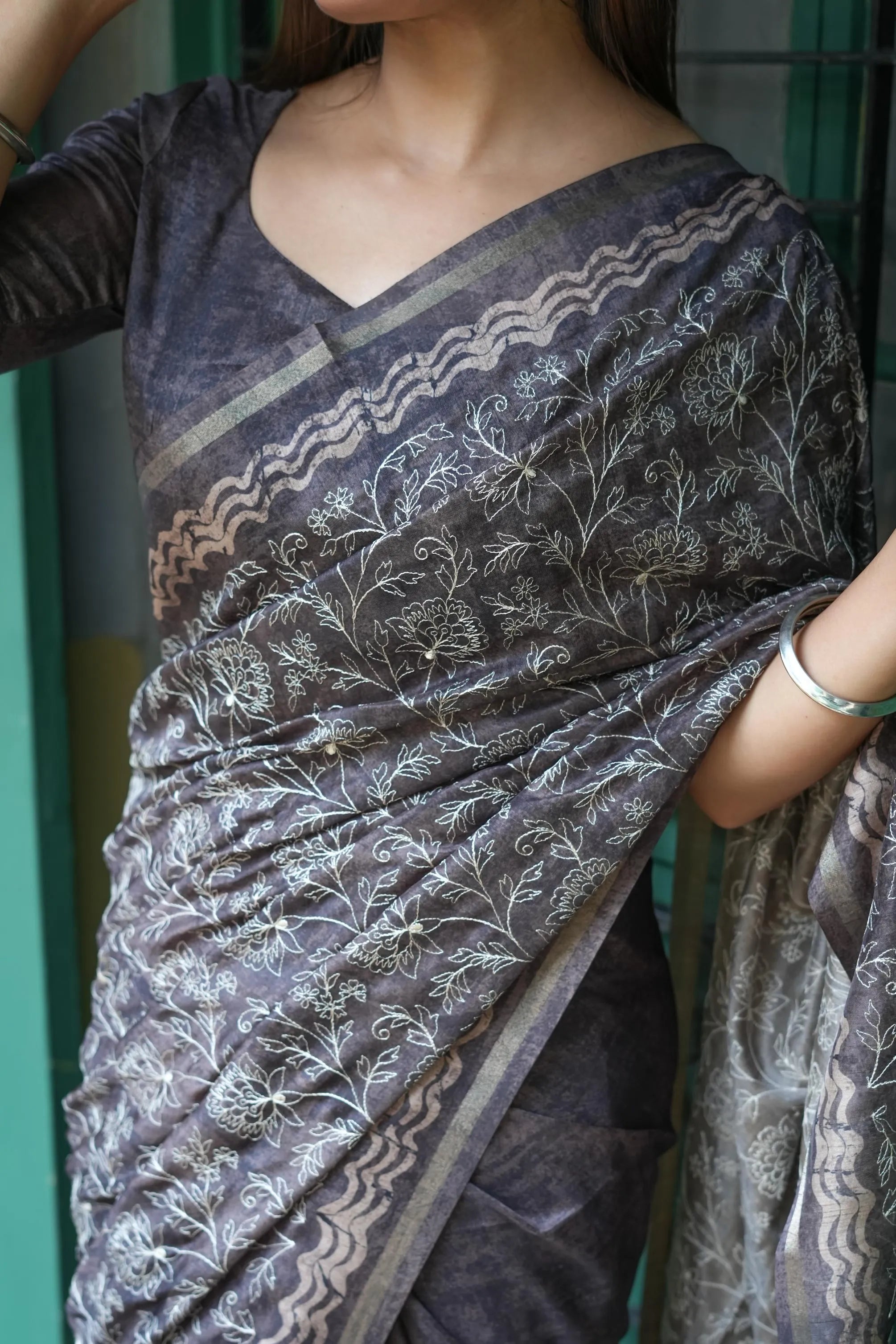 Tussar Silk Batik Printed Embroidery Work Saree