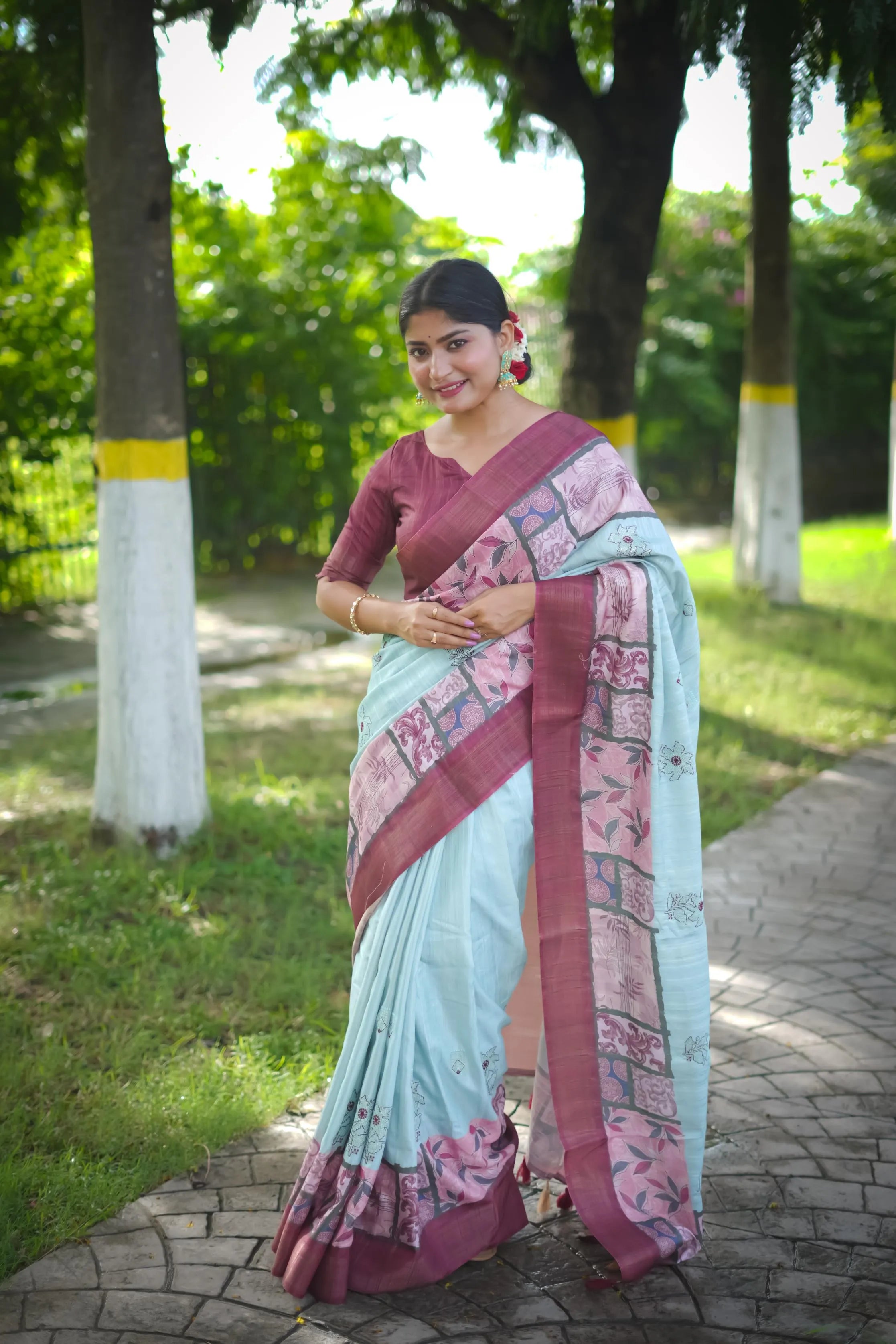 Soft Tussar Silk Embroidery Flower Work Saree