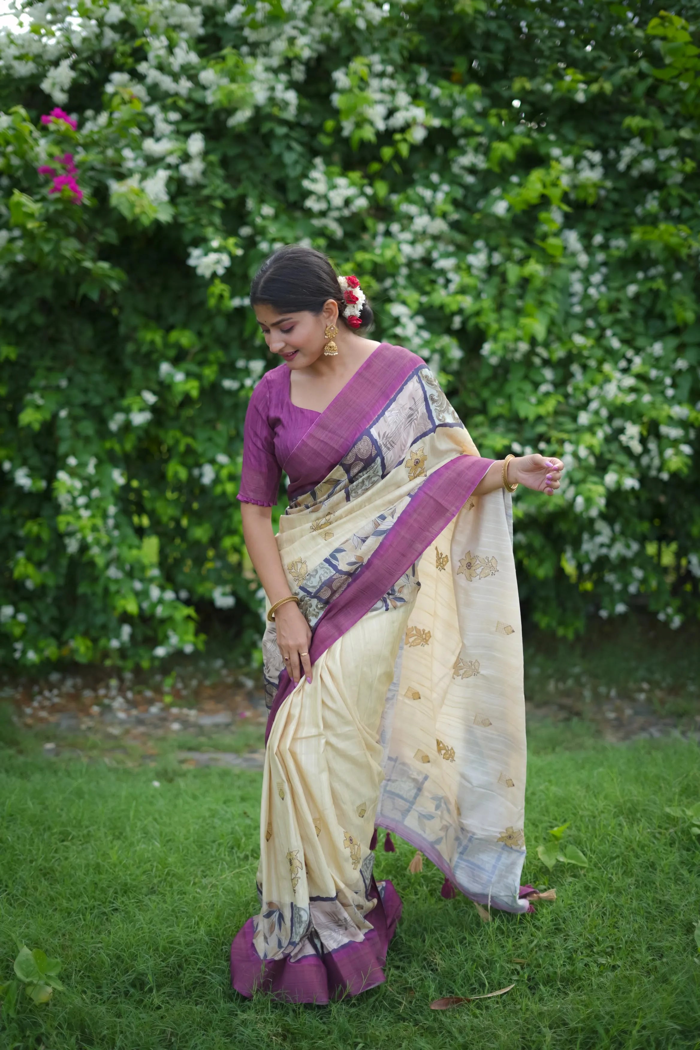 Soft Tussar Silk Embroidery Flower Work Saree