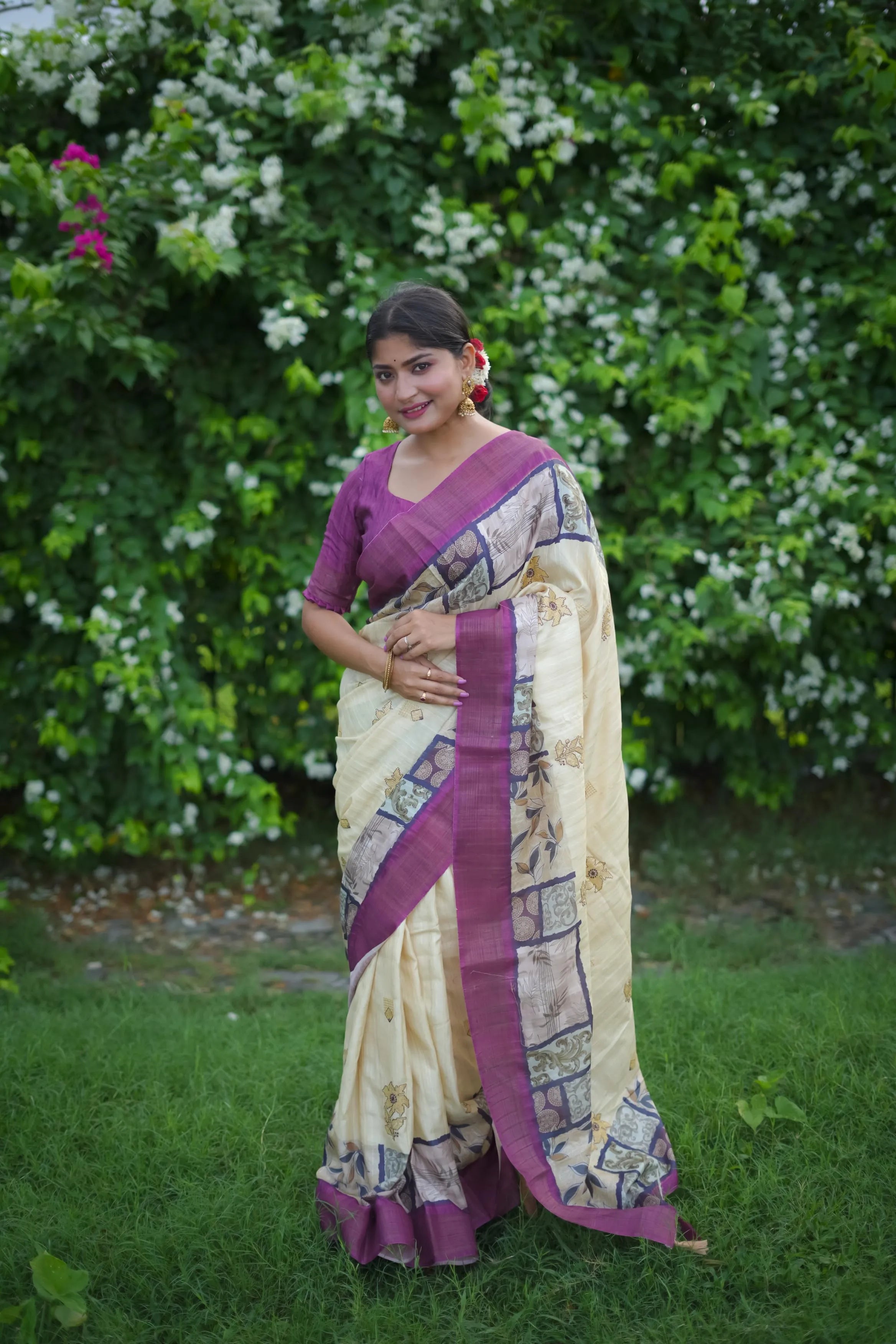 Soft Tussar Silk Embroidery Flower Work Saree