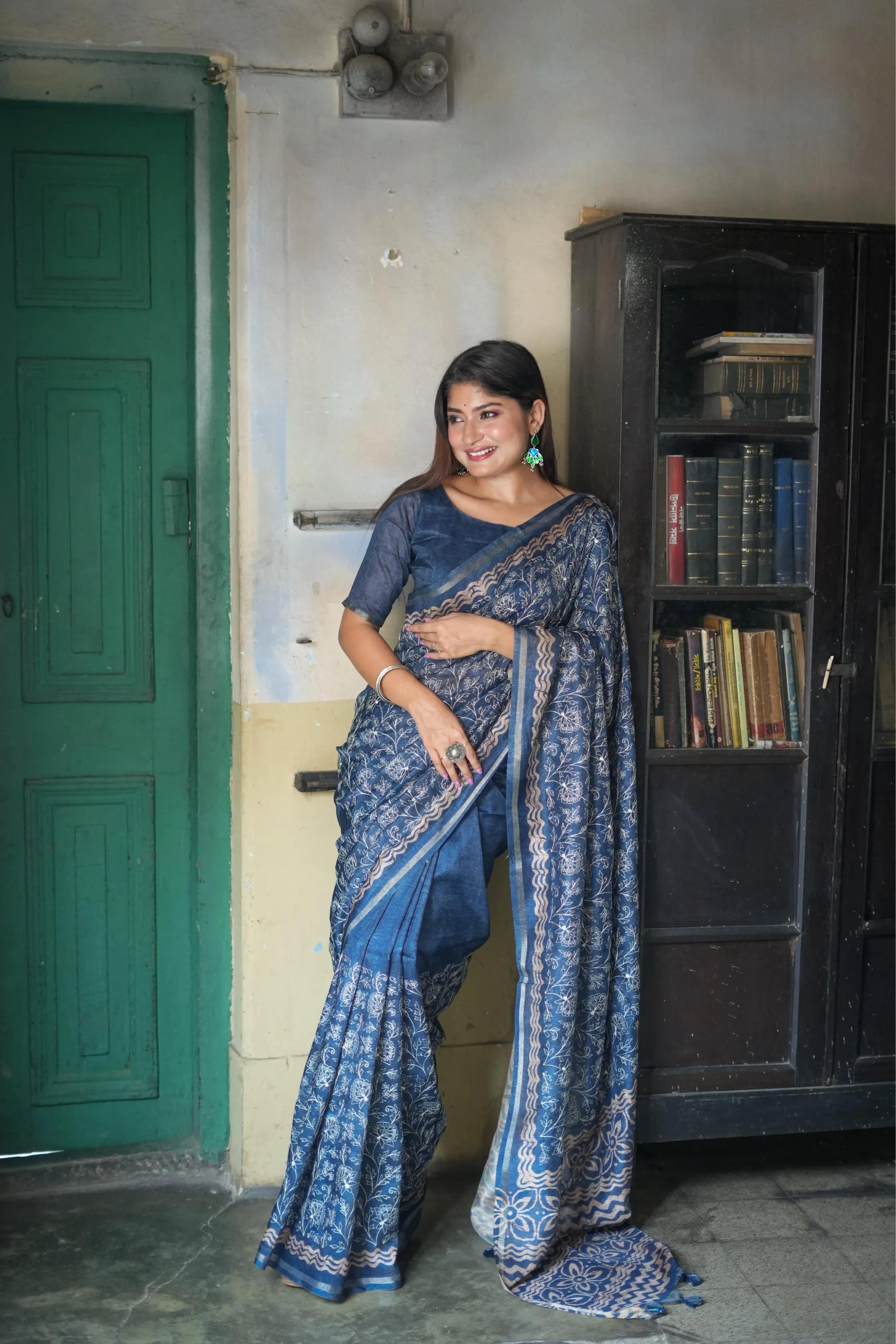 Tussar Silk Batik Printed Embroidery Work Saree