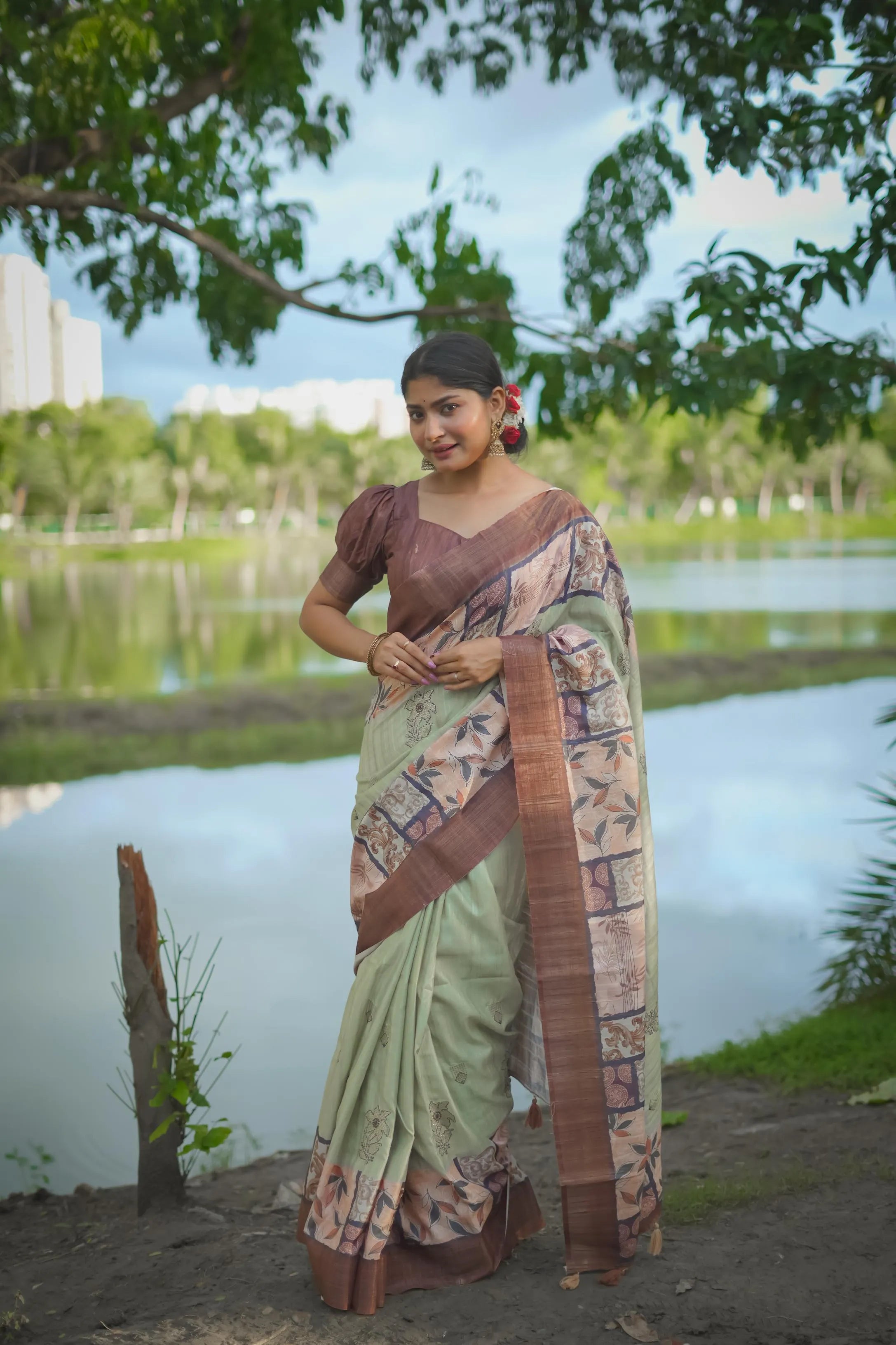 Soft Tussar Silk Embroidery Flower Work Saree