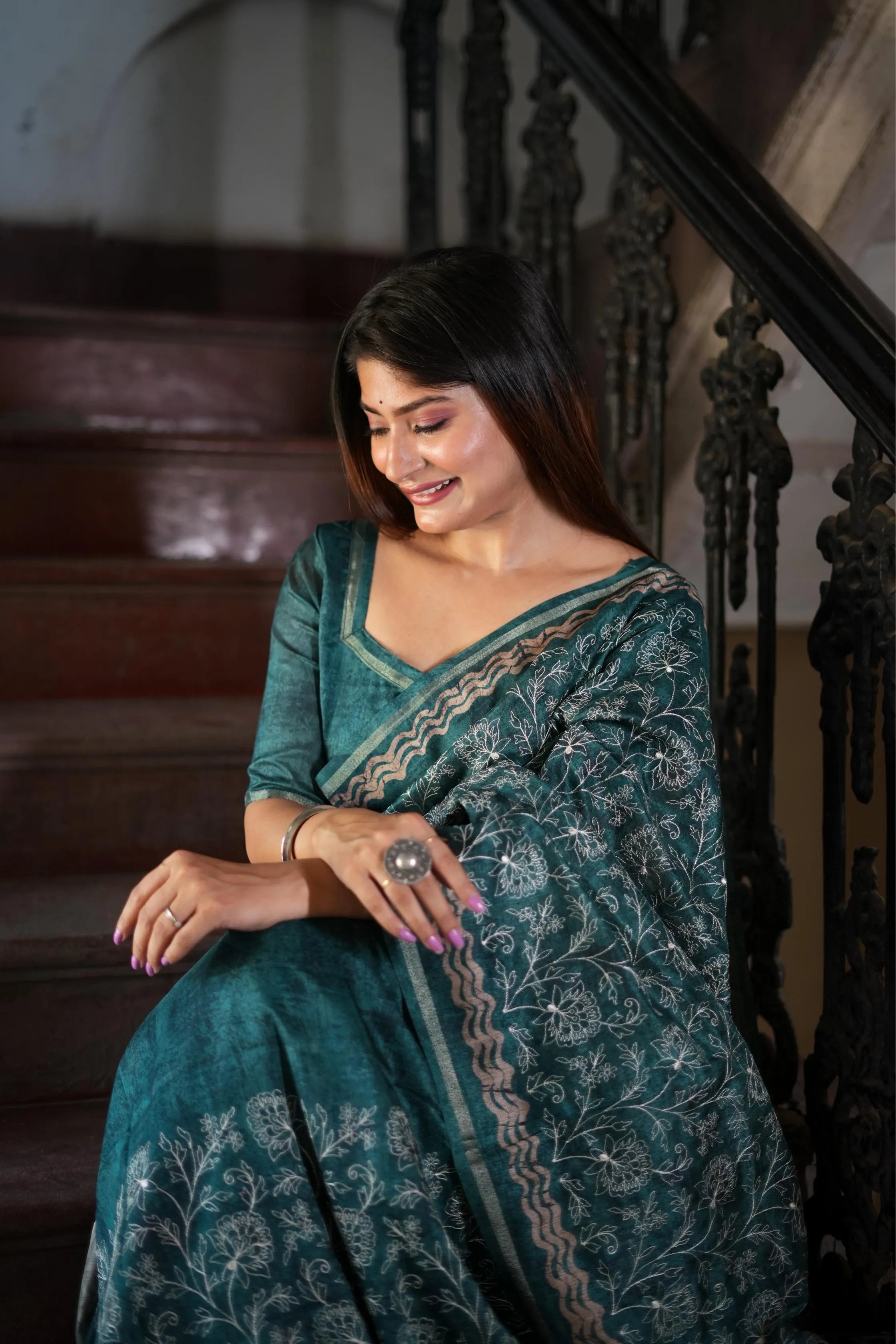 Tussar Silk Batik Printed Embroidery Work Saree