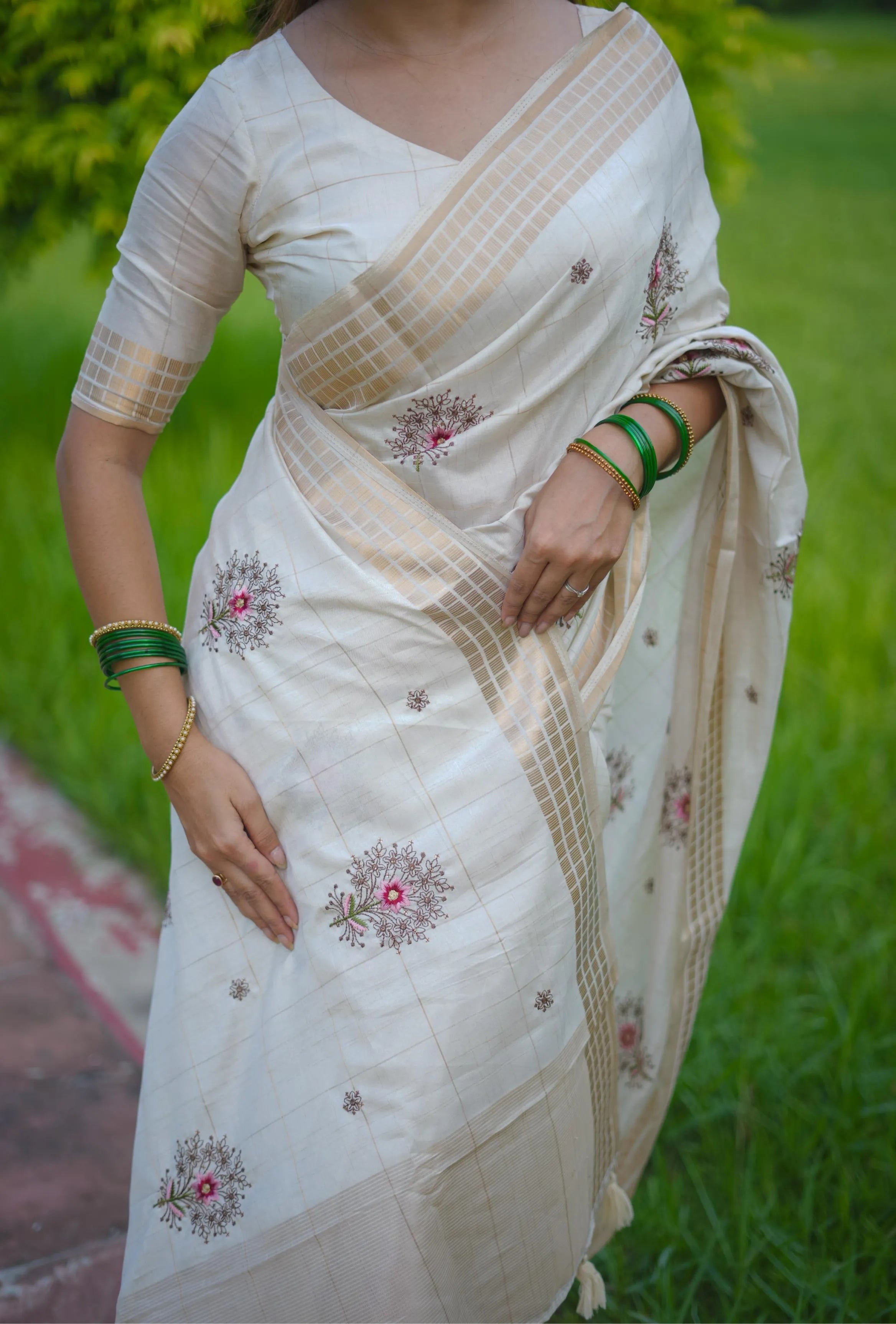 Soft Cotton Embroidered Kantha Work Saree