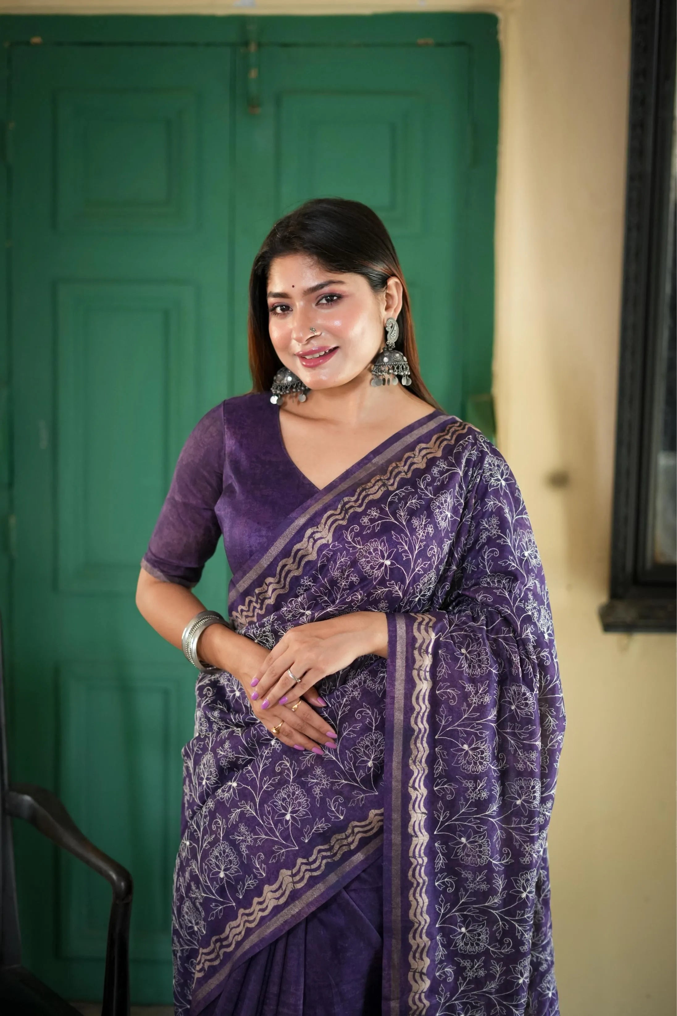 Tussar Silk Batik Printed Embroidery Work Saree