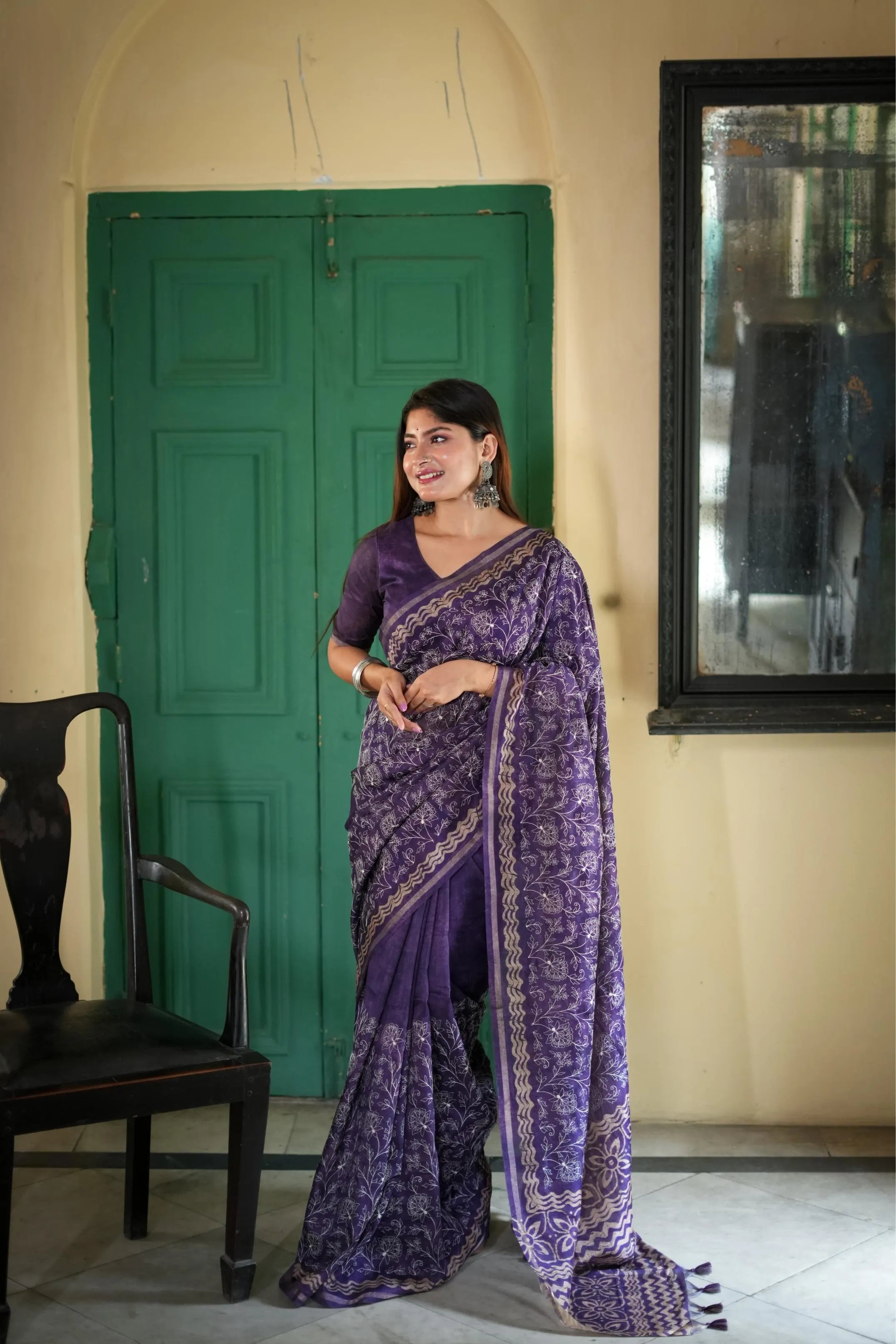 Tussar Silk Batik Printed Embroidery Work Saree