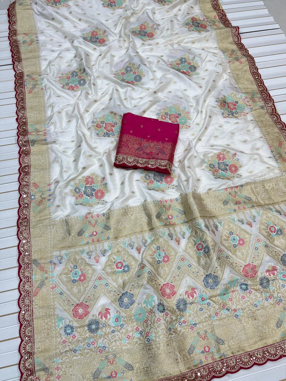 Dolla Silk Embroidery Work Lace Flowers Design Saree