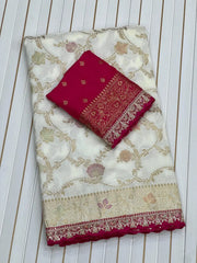 Dola Silk Flower Jaal Premium Banarasi Saree