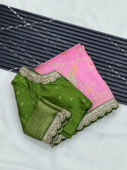 Heavy Dola Silk Weaving & Embroidery Border Saree (Unstiched Blouse)