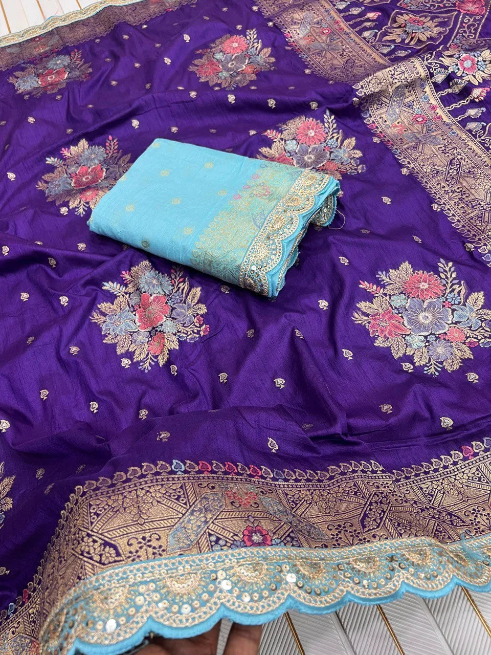 Dolla Silk Embroidery Work Lace Flowers Design Saree