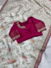 Heavy Dola Silk Weaving & Embroidery Border Saree (Unstiched Blouse)