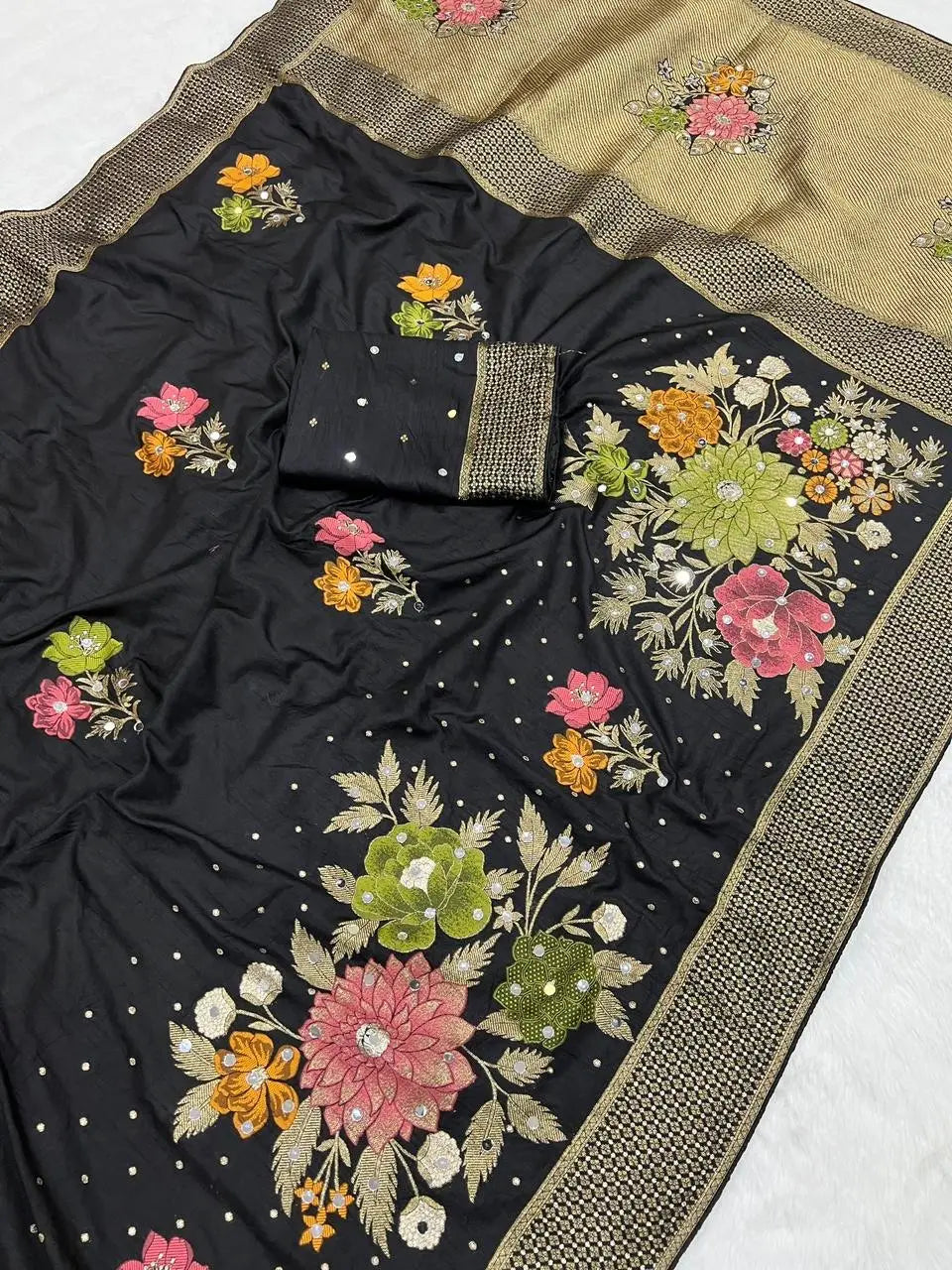 Pure Dola Silk Real Mirror Work Meenakari Saree