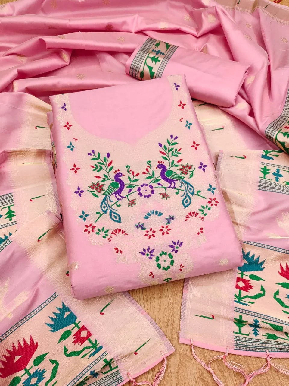 AE-004 – Soft Silk Unstitched Paithani Suits