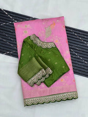 Heavy Dola Silk Weaving & Embroidery Border Saree (Unstiched Blouse)