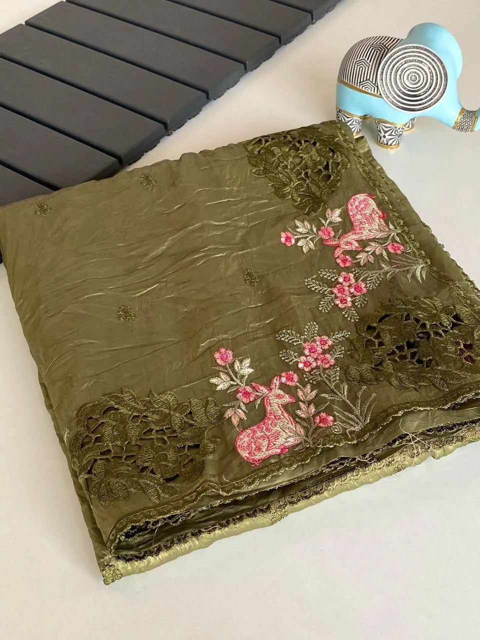 Crush Silk Embroidery Work Designer Saree