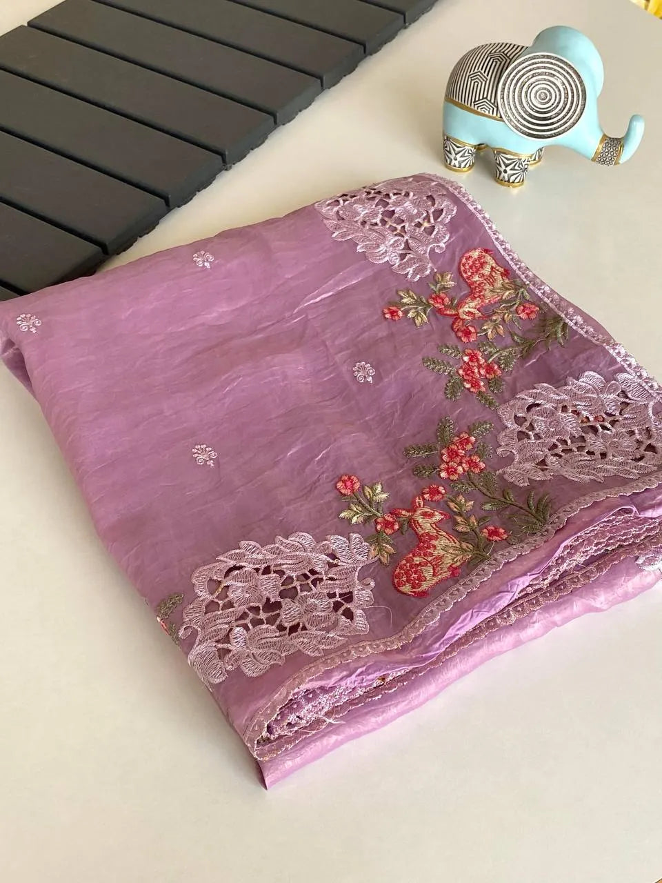 Crush Silk Embroidery Work Designer Saree