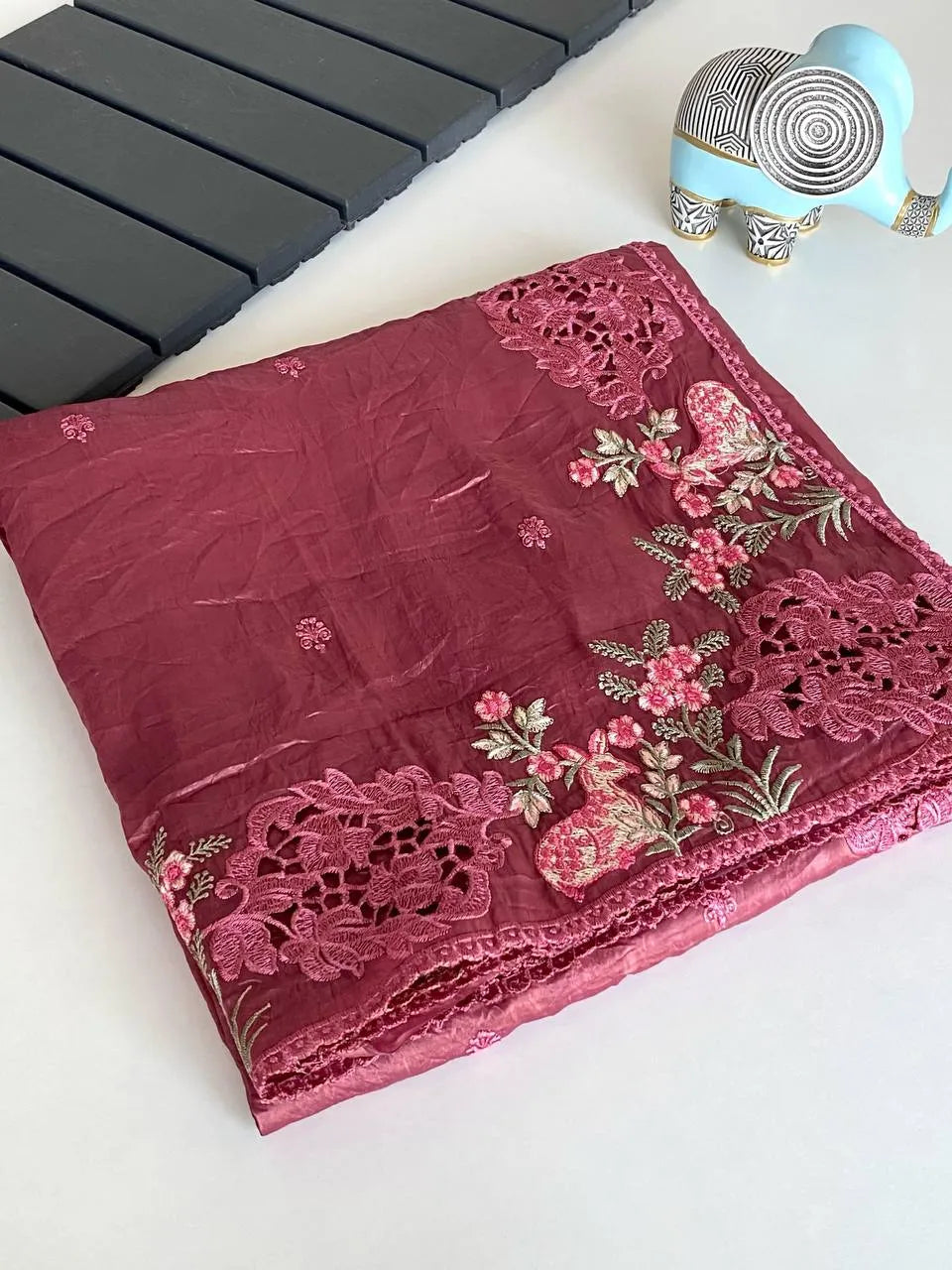 Crush Silk Embroidery Work Designer Saree