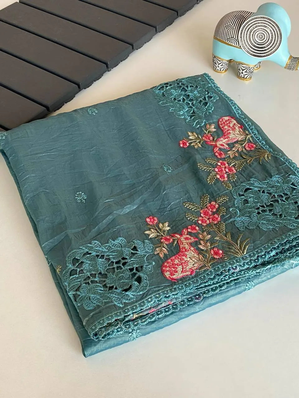 Crush Silk Embroidery Work Designer Saree