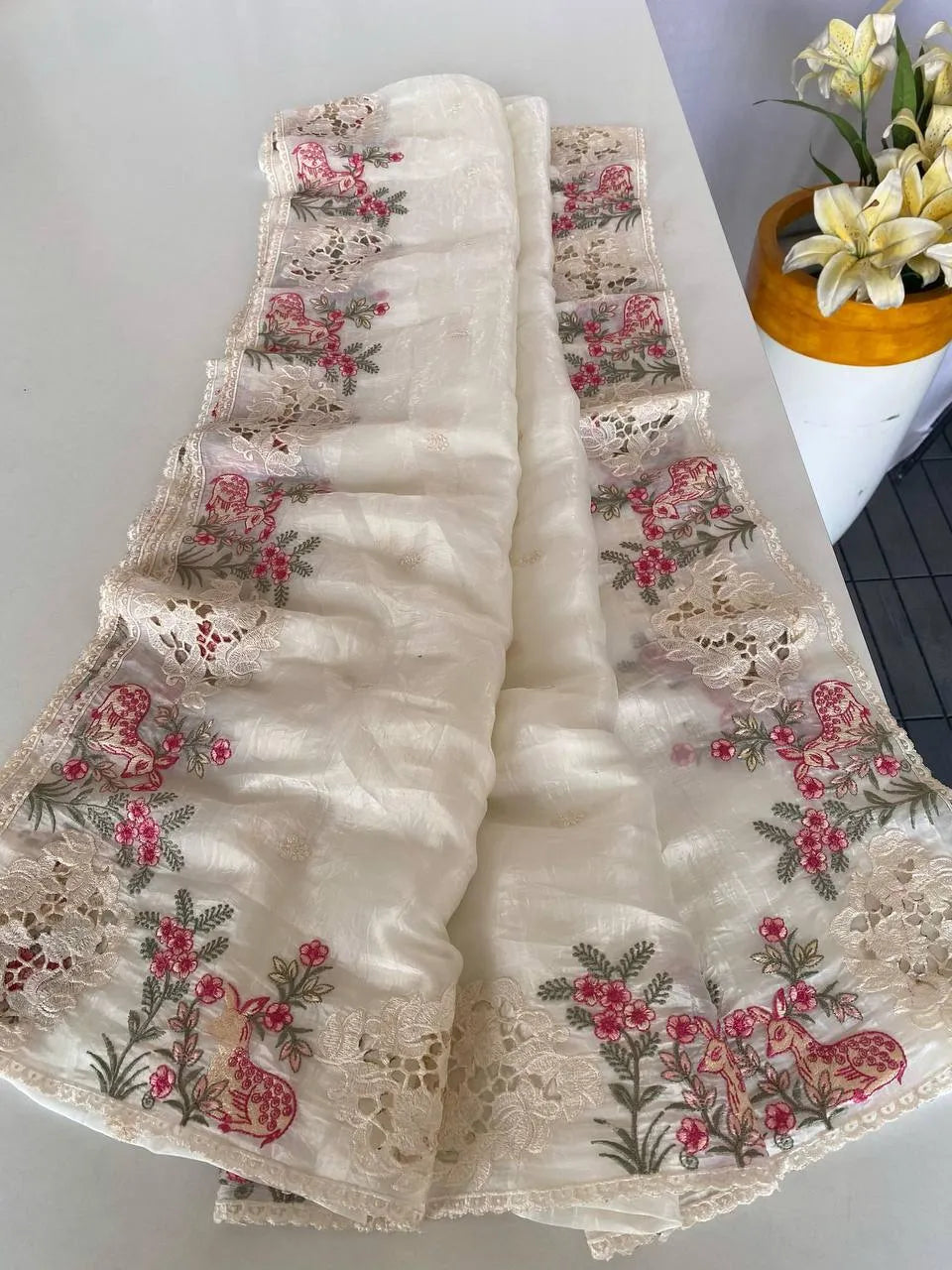 Crush Silk Embroidery Work Designer Saree
