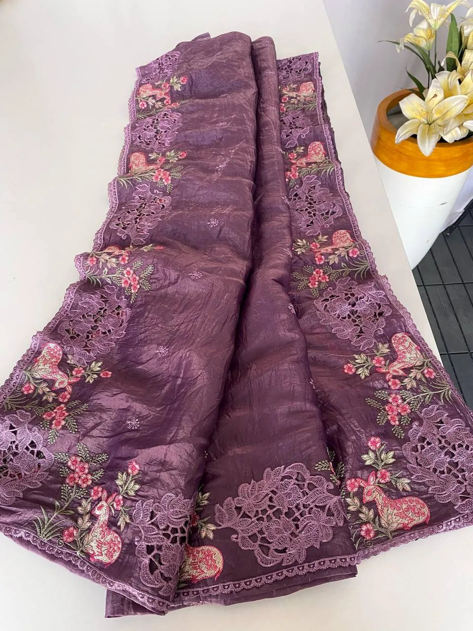 Crush Silk Embroidery Work Designer Saree