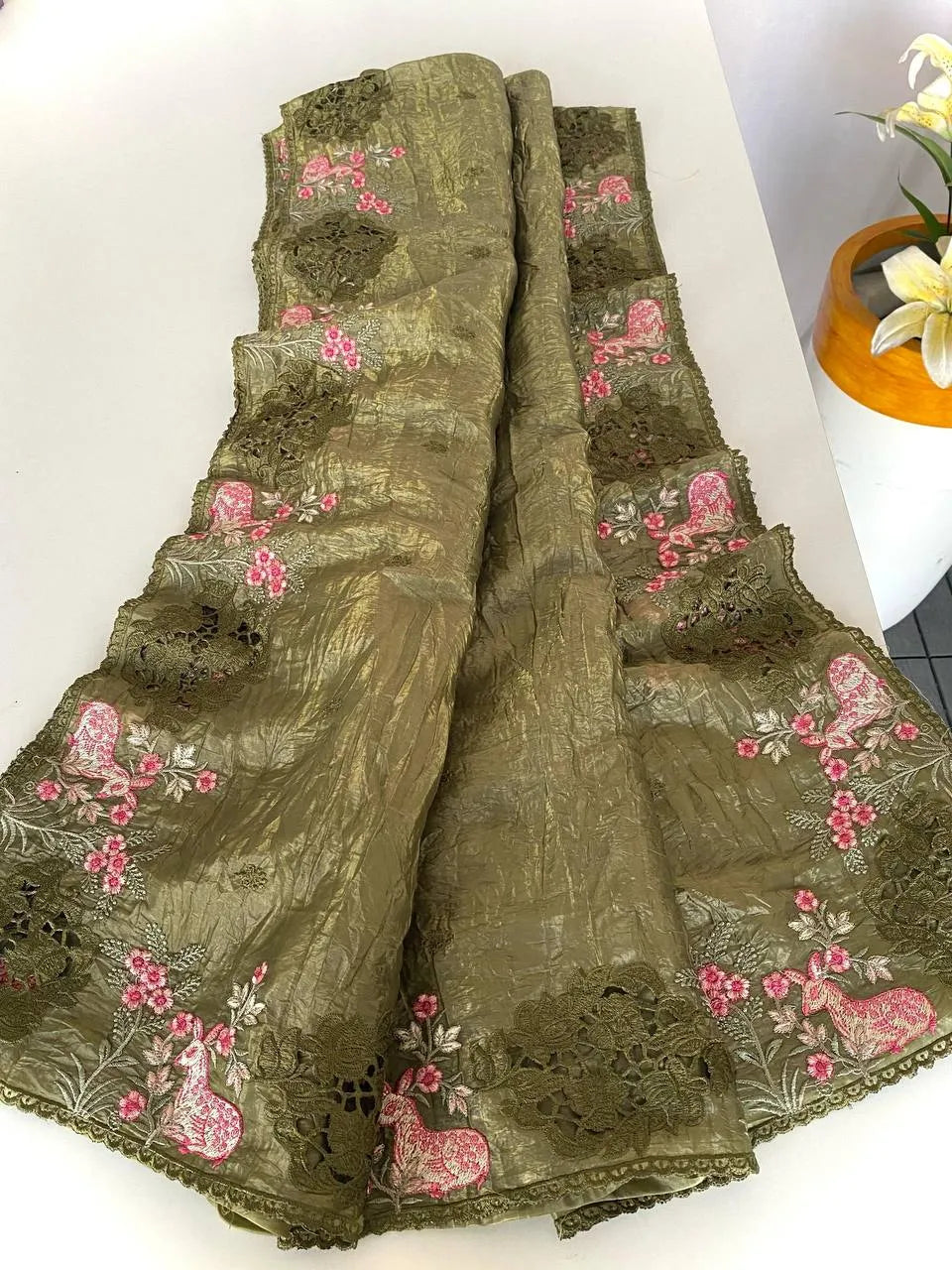 Crush Silk Embroidery Work Designer Saree