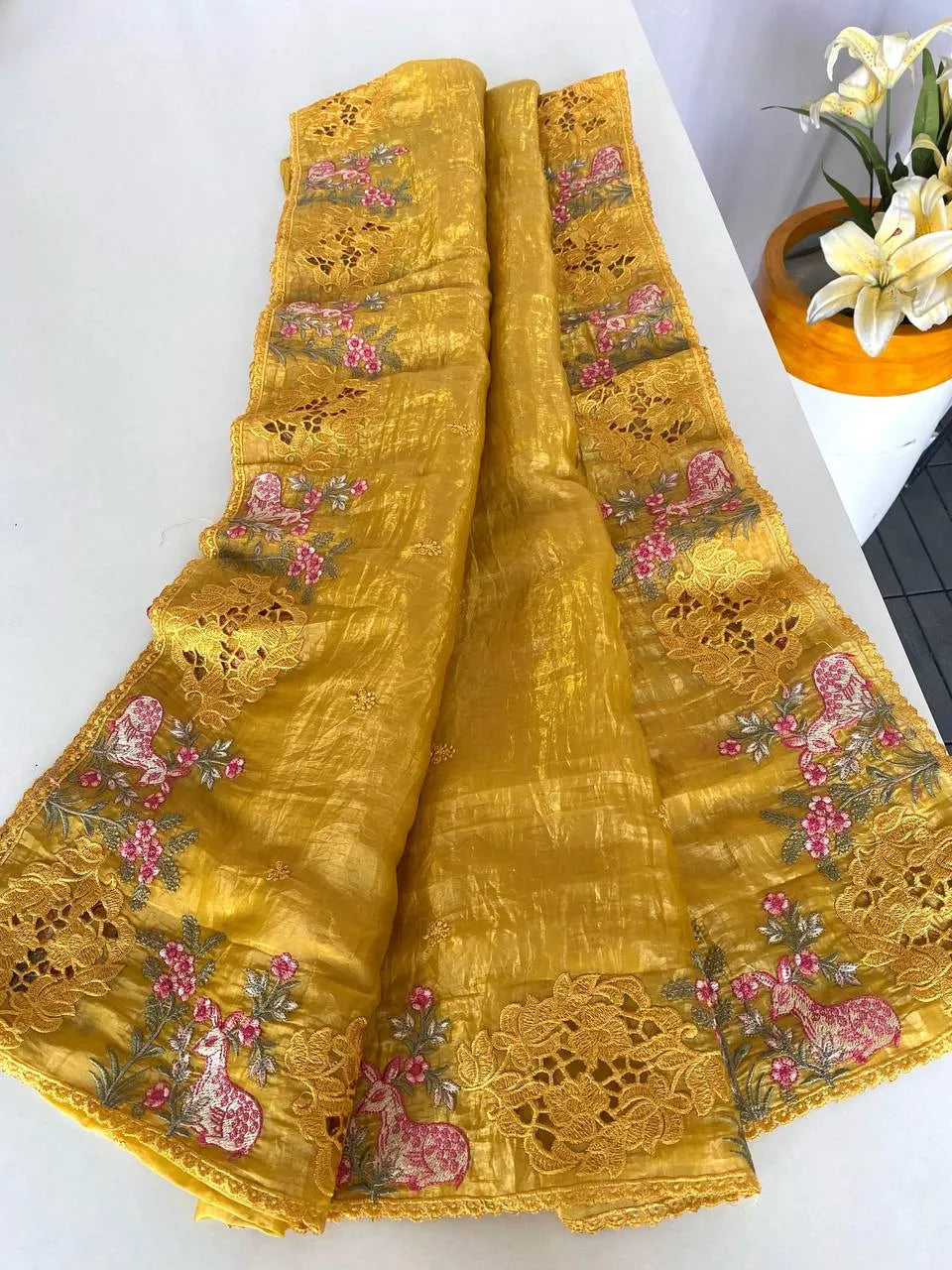 Crush Silk Embroidery Work Designer Saree