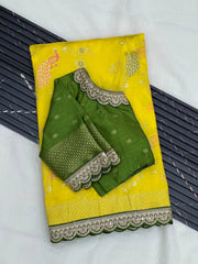 Heavy Dola Silk Weaving & Embroidery Border Saree (Unstiched Blouse)
