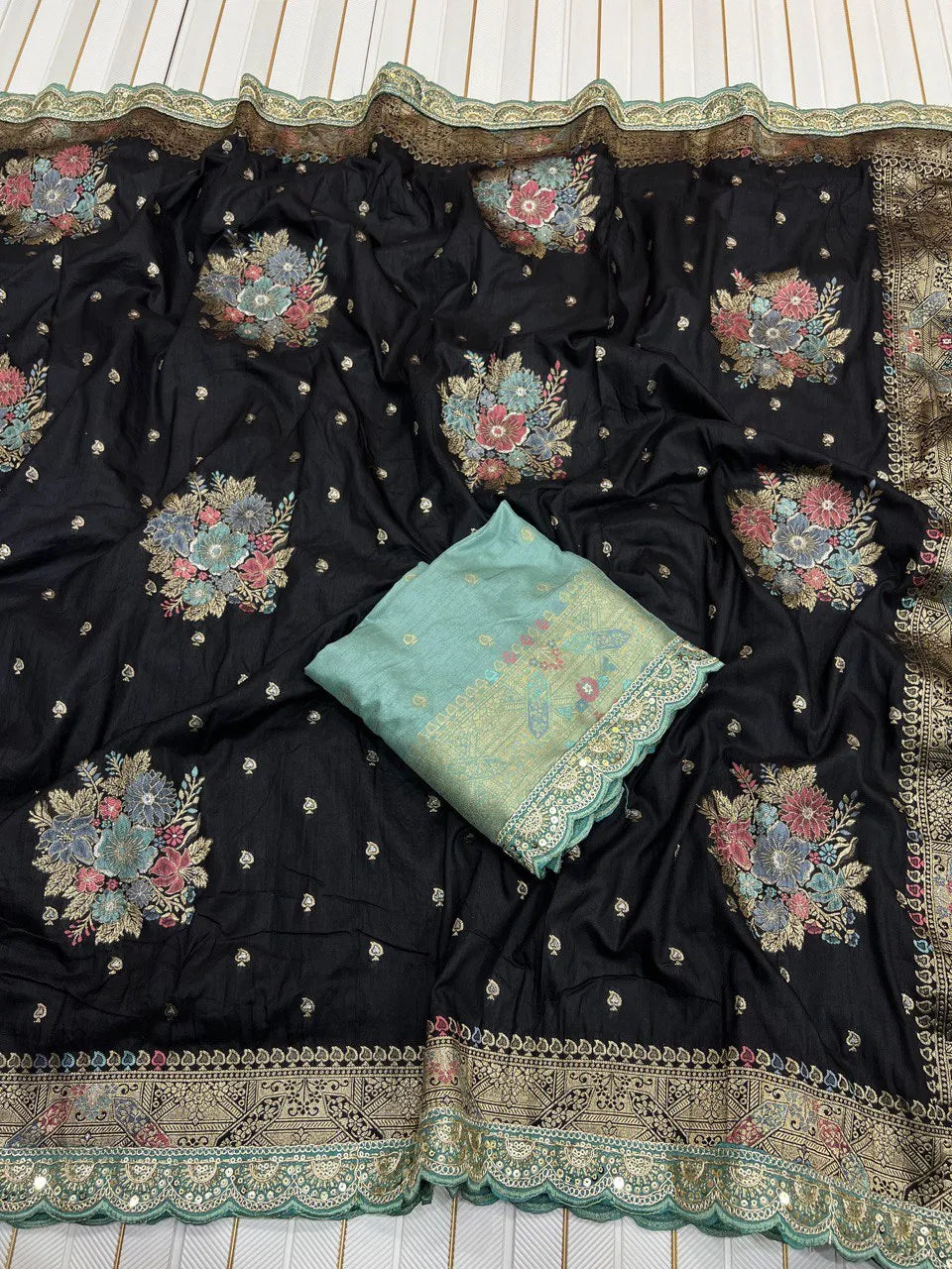 Dolla Silk Embroidery Work Lace Flowers Design Saree