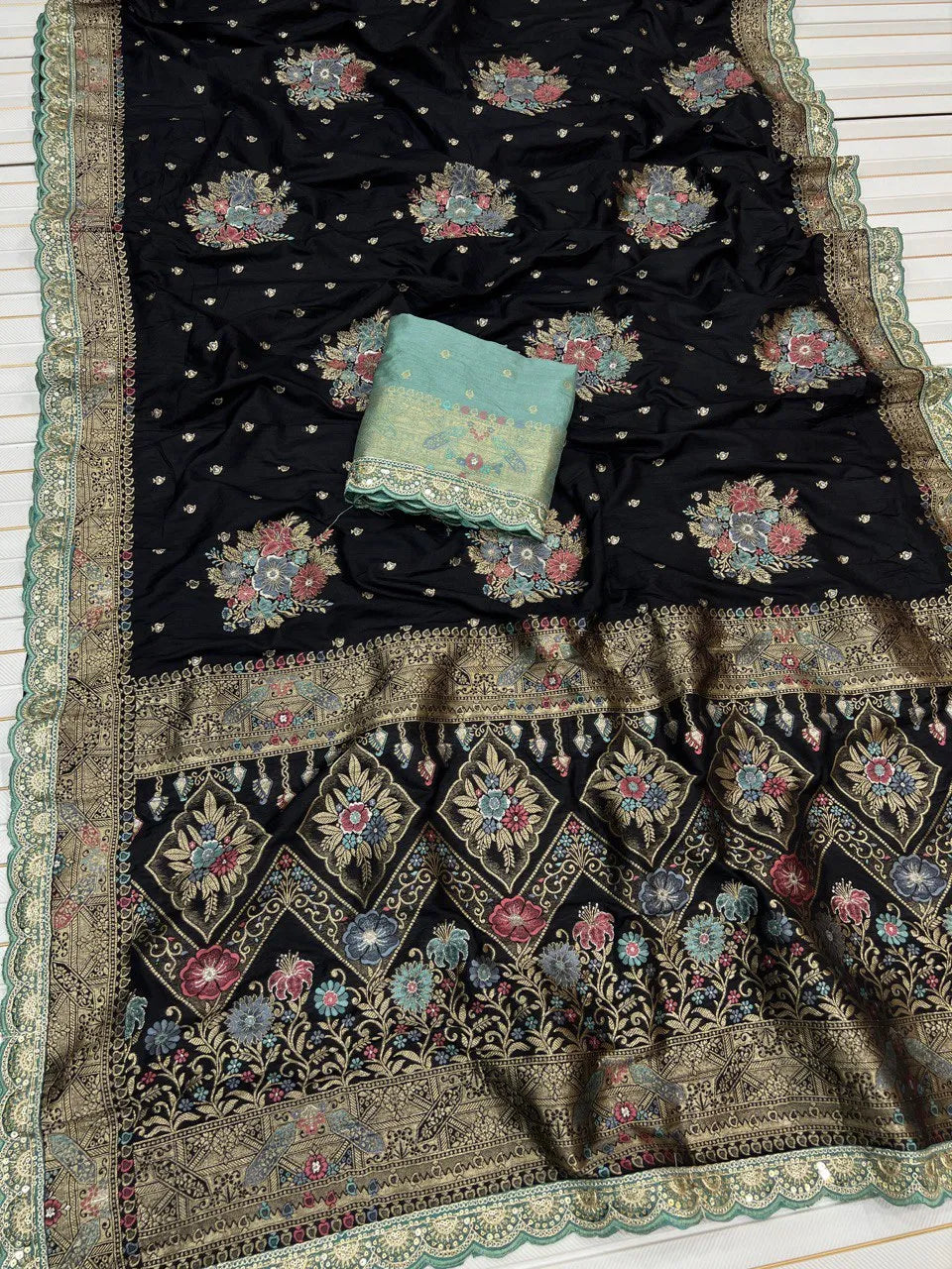 Dolla Silk Embroidery Work Lace Flowers Design Saree