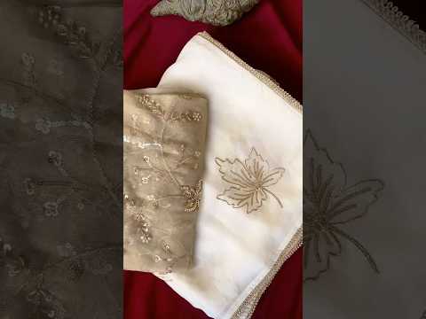 Pure Chinnon Leaf Embroidery & Golden Lace Border Saree