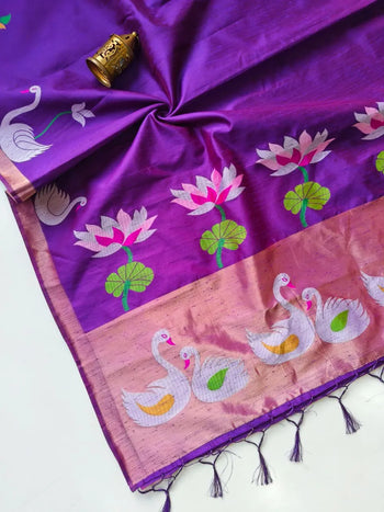 Most Trending Swan Lotus Khadi Raw SIlk Paithani Saree
